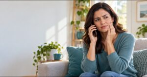Mujer con molestia dental en la mejilla hablando por teléfono para pedir atención, sentada en un sillón en casa