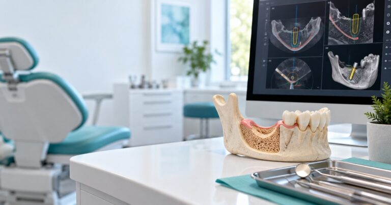 Modelo de mandíbula con implante junto a una pantalla con planeación digital de implantes en un consultorio