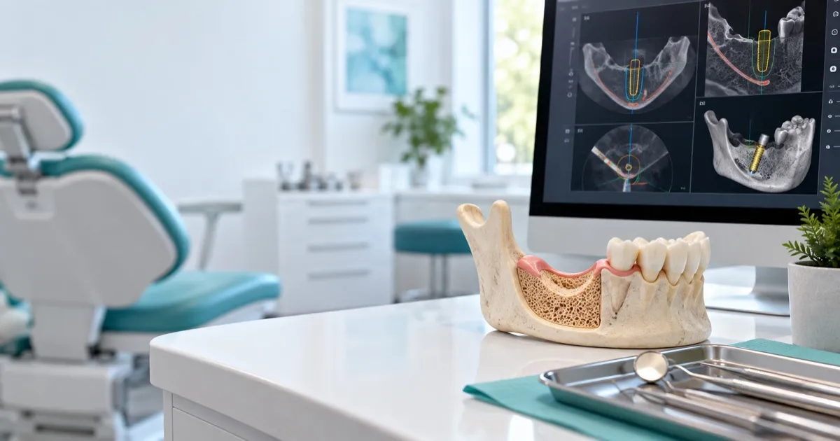 Modelo de mandíbula con implante junto a una pantalla con planeación digital de implantes en un consultorio