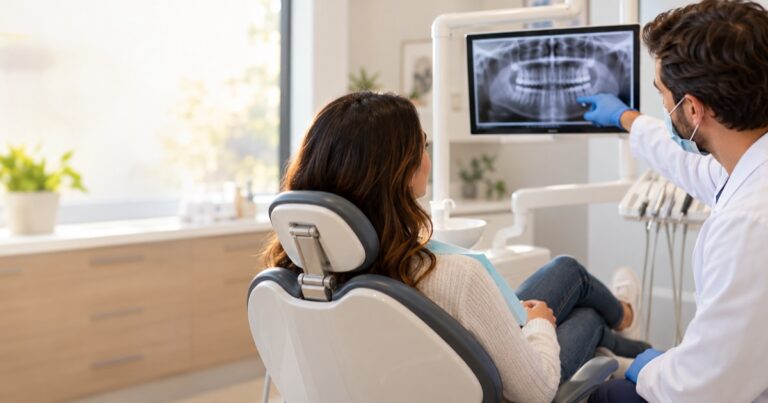 Dentista mostrando una radiografía panorámica en pantalla a una paciente sentada en el sillón dental