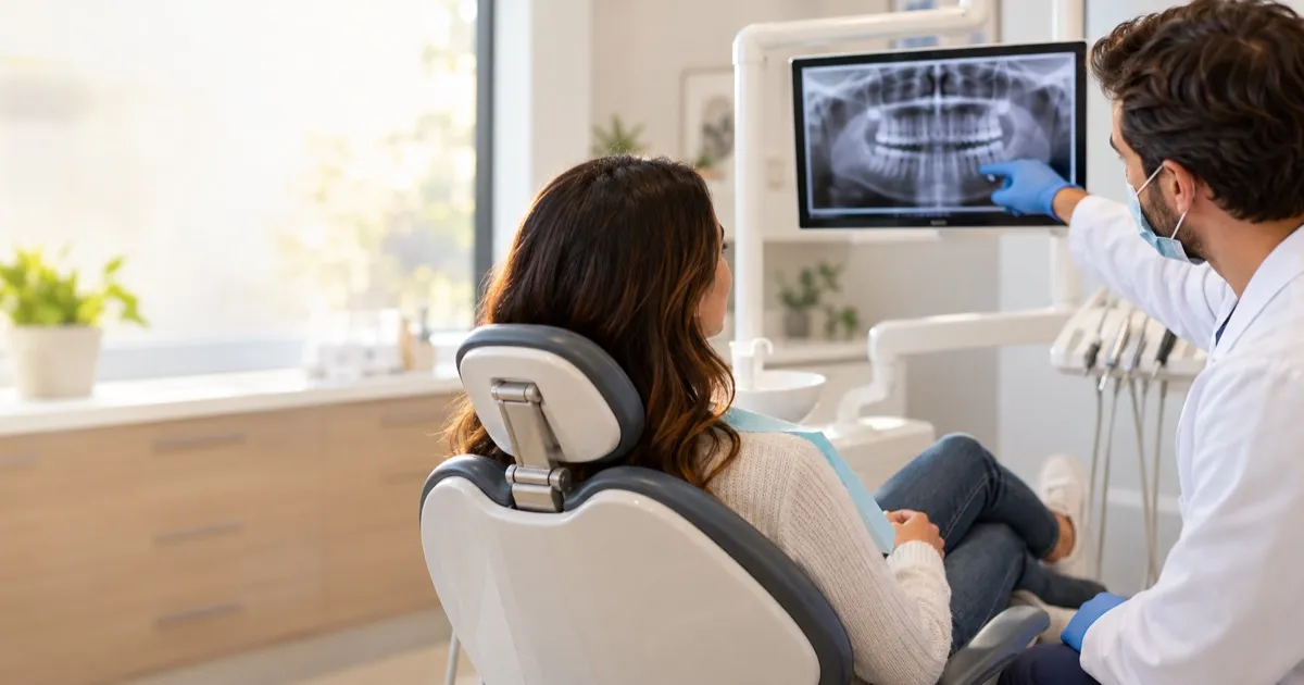 Dentista mostrando una radiografía panorámica en pantalla a una paciente sentada en el sillón dental