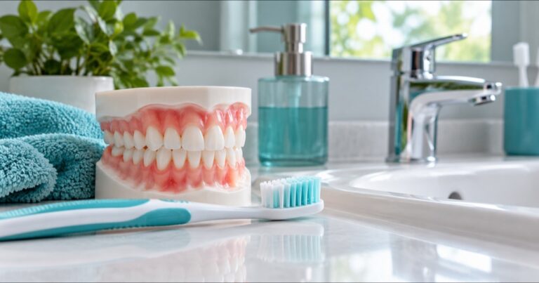 Cepillo dental de cerdas suaves junto a un modelo de encías y dientes sobre un lavabo claro