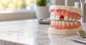 Modelo dental con un espacio visible donde falta una pieza, sobre una mesa de consultorio