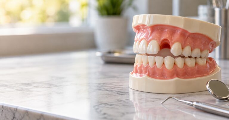 Modelo dental con un espacio visible donde falta una pieza, sobre una mesa de consultorio