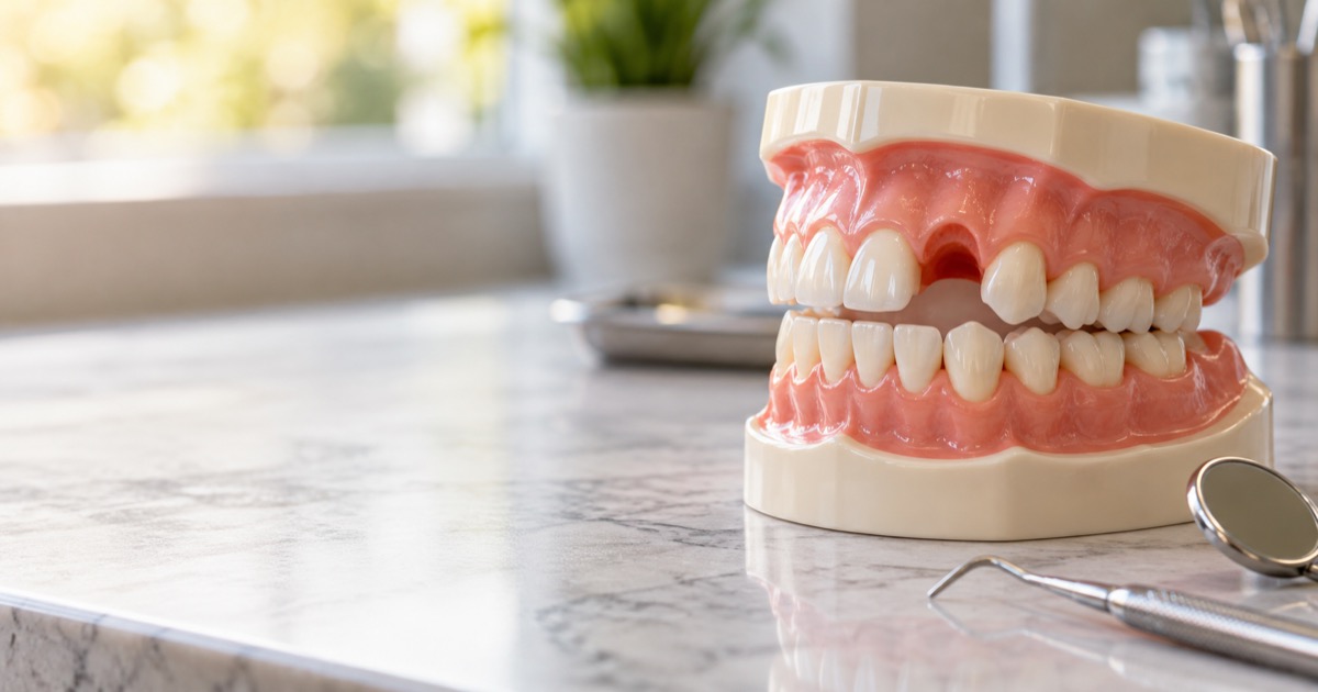 Modelo dental con un espacio visible donde falta una pieza, sobre una mesa de consultorio