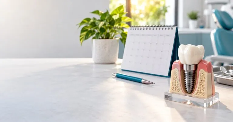Calendario de escritorio junto a un modelo de implante dental con su corona