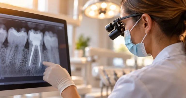 Dentista con lupas clínicas revisando en pantalla la radiografía de un diente con tratamiento de conductos