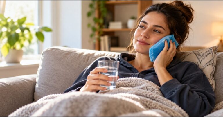 Mujer descansando en un sofá con una compresa fría en la mejilla y un vaso de agua