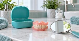 Dentadura removible junto a su estuche y un espejo de mano sobre un tocador de baño