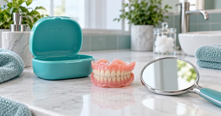 Dentadura removible junto a su estuche y un espejo de mano sobre un tocador de baño