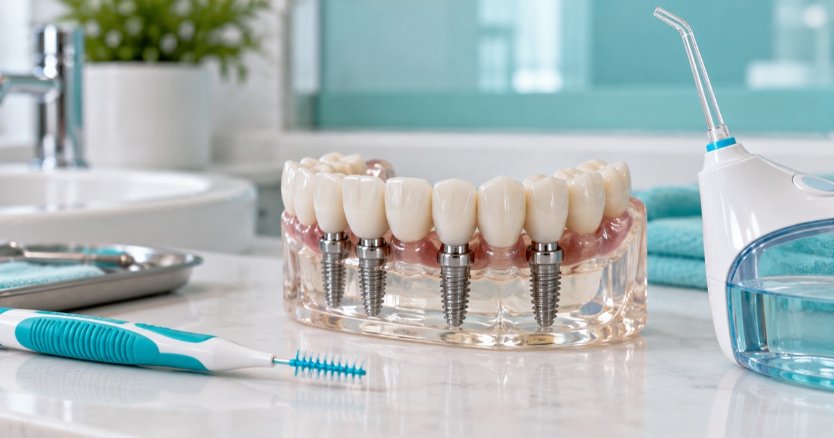 Cepillo interdental e irrigador bucal junto a un modelo de prótesis fija sobre implantes
