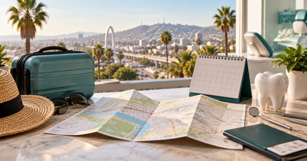 Maleta, mapa y calendario sobre una mesa con vista a Tijuana y su arco monumental