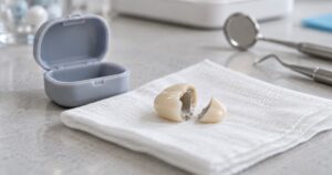 Corona dental desprendida sobre una gasa limpia junto a un estuche pequeño e instrumental dental