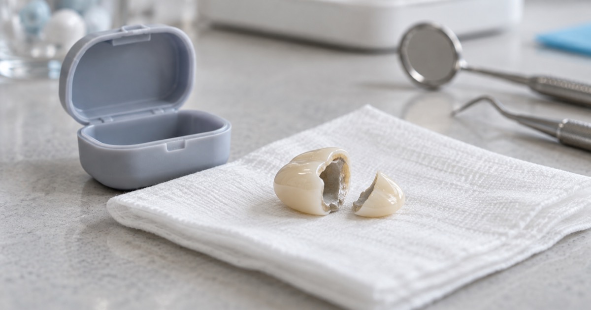 Corona dental desprendida sobre una gasa limpia junto a un estuche pequeño e instrumental dental
