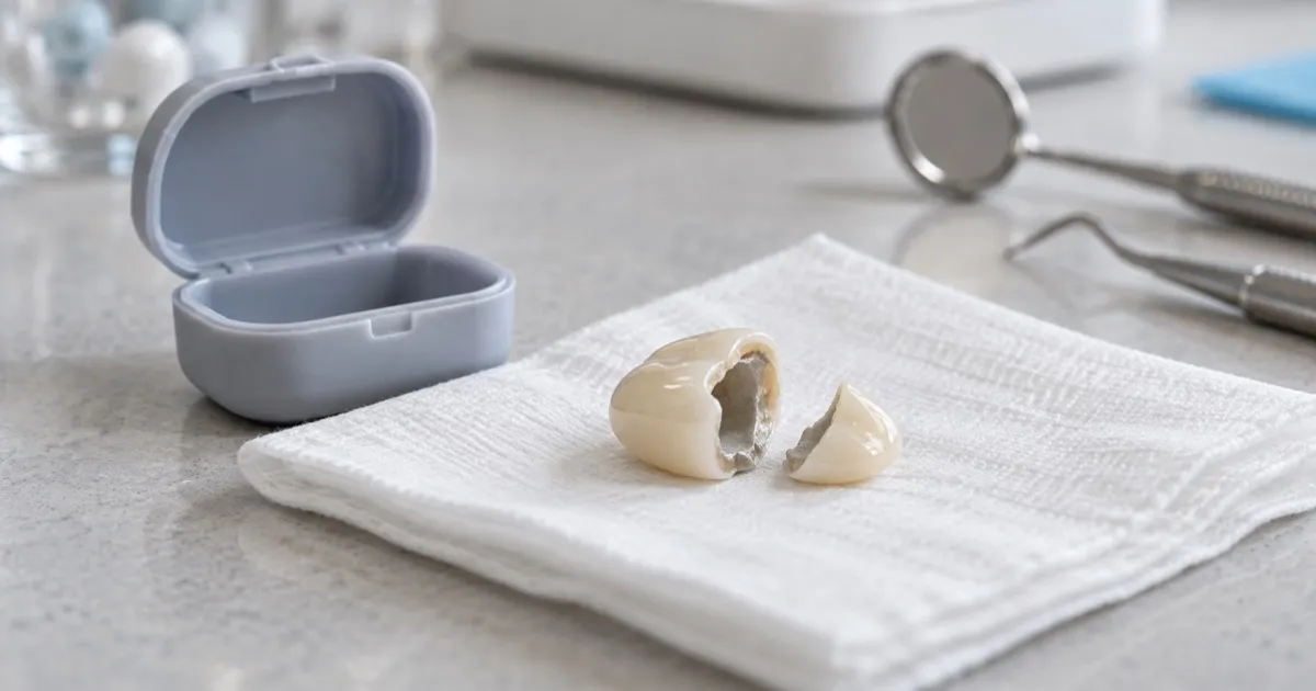 Corona dental desprendida sobre una gasa limpia junto a un estuche pequeño e instrumental dental