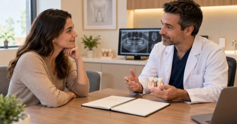 Paciente conversando con su dentista en un escritorio con una libreta y un modelo dental