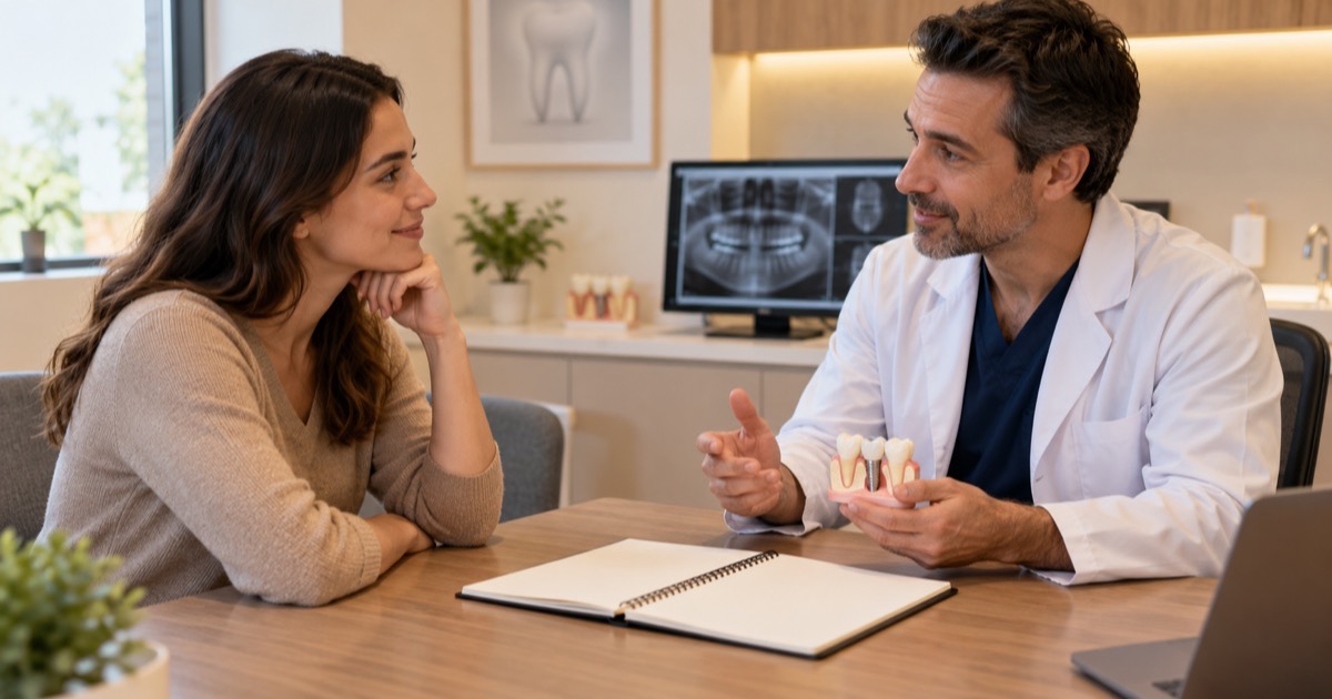 Paciente conversando con su dentista en un escritorio con una libreta y un modelo dental