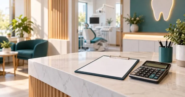 Mostrador de recepción de una clínica dental moderna con una hoja de presupuesto y una calculadora