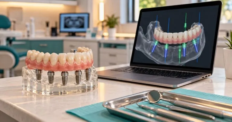 Modelo de arcada completa sobre implantes junto a una laptop con planeación digital en 3D