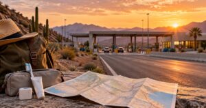Mochila, mapa y artículos de higiene dental en una carretera del desierto rumbo a un cruce fronterizo al atardecer