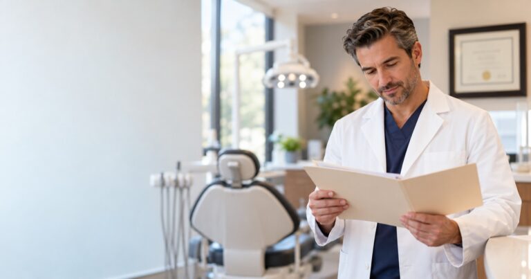 Dentista con bata blanca revisando un expediente en un consultorio moderno