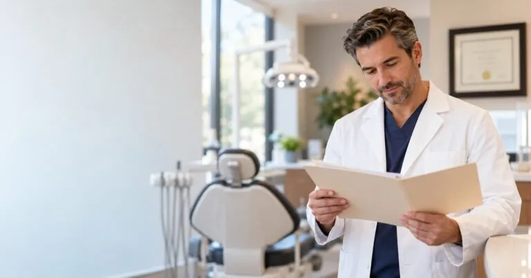 Dentista con bata blanca revisando un expediente en un consultorio moderno