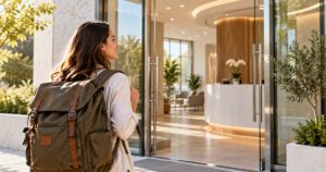 Mujer con mochila llegando a la entrada de una clínica dental luminosa
