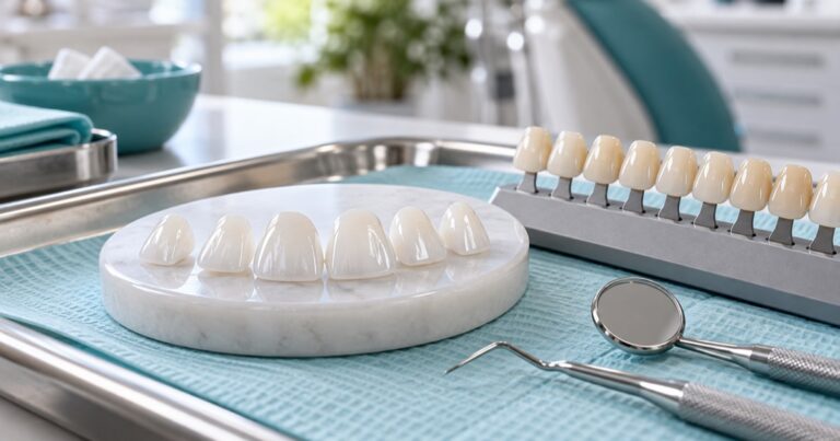 Muestrario de tonos dentales y carillas de porcelana sobre una bandeja clínica