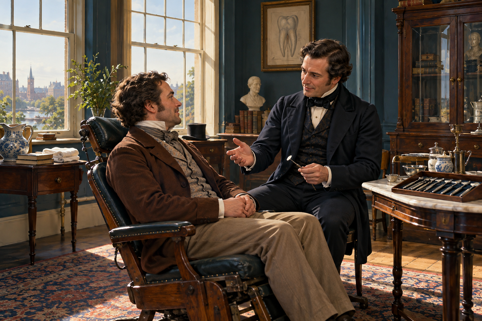 Dentista y paciente conversan en una consulta inspirada en la década de 1840.