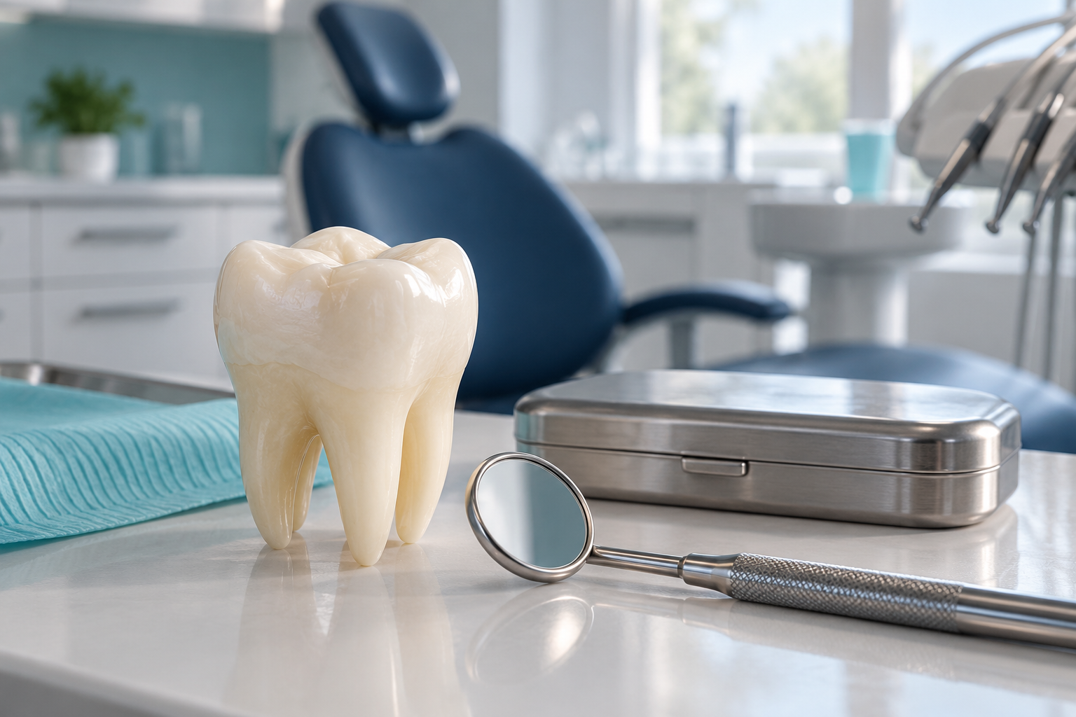 Modelo dental y espejo de exploración en un consultorio moderno.