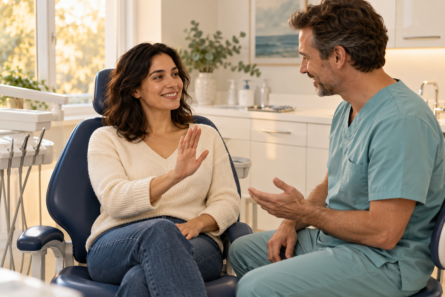 Paciente levanta una mano al conversar con un dentista antes de la atención.