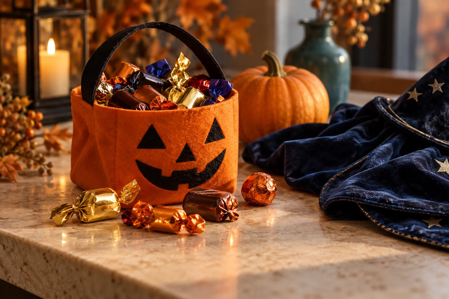 A bag with a few Halloween treats beside a pumpkin and navy fabric.