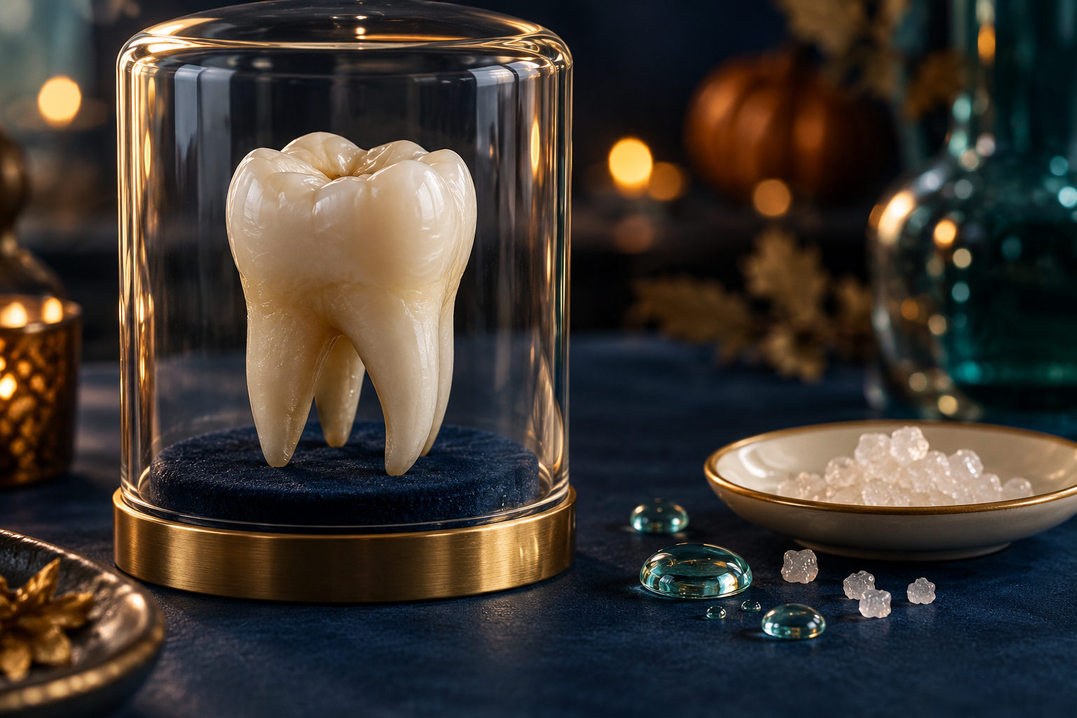 Modelo dental, cristales de azúcar y gotas transparentes en una composición educativa.