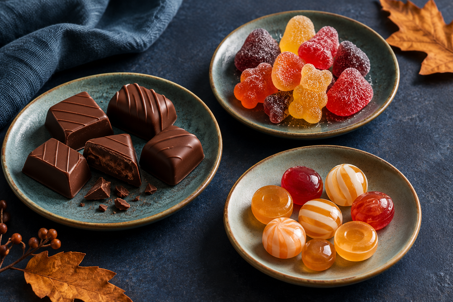 Pequeñas porciones de chocolate, gomitas y caramelos en platos separados.