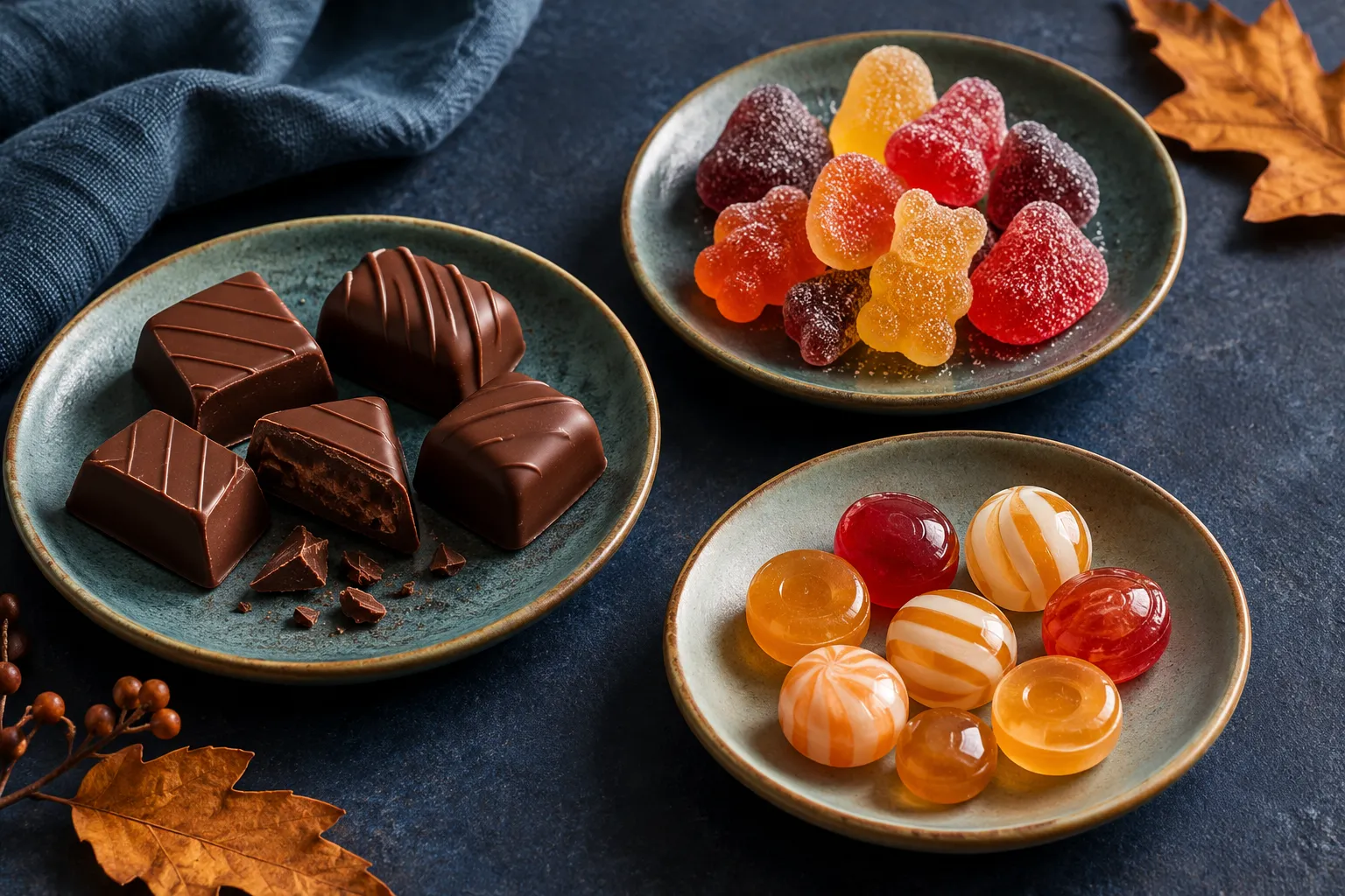 Small portions of chocolate, gummies, and hard candy on separate plates.