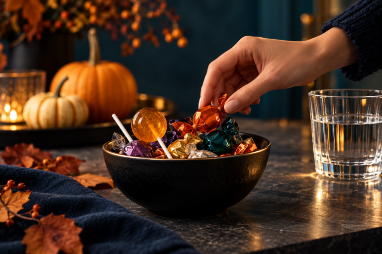 Una mano elige un dulce de un tazón de Halloween junto a un vaso de agua
