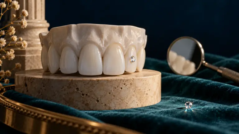 Modelo dental de cerámica con una gema y espejo sobre tela teal; ilustración conceptual generada con IA.