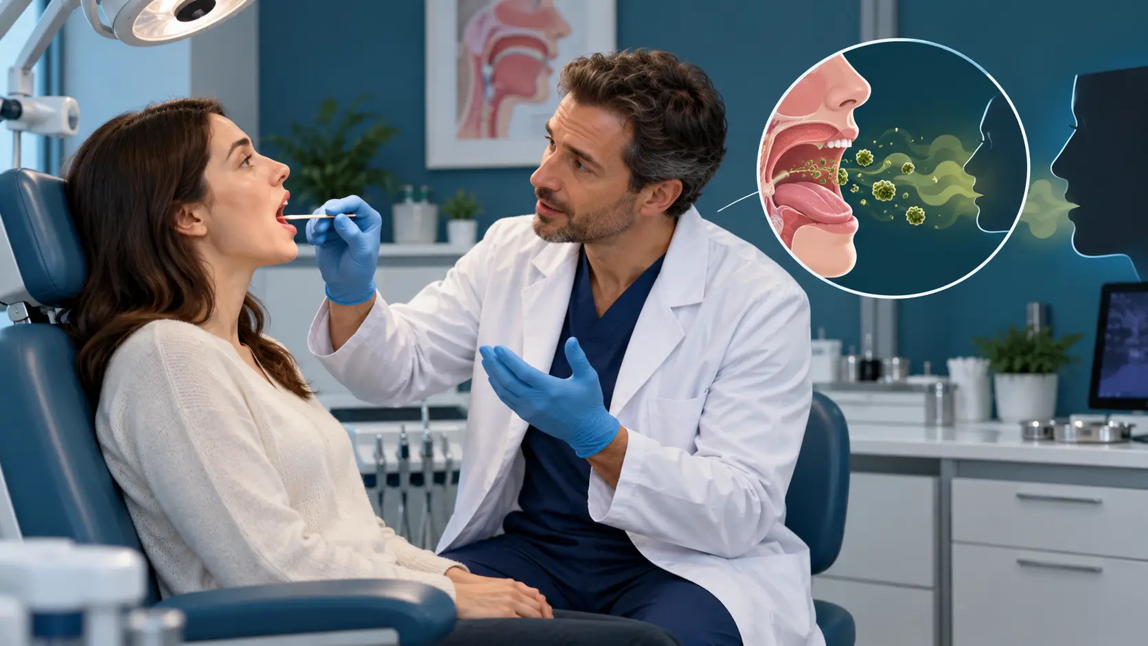 Conceptual illustration of a professional assessment for bad breath