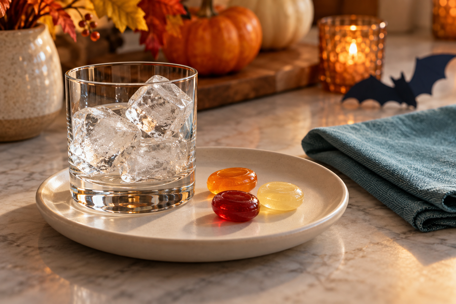 A glass of ice and hard candies on a table with October decorations.
