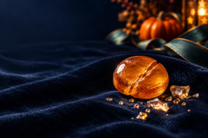 Caramelo duro agrietado sobre tela azul marino y decoración discreta de Halloween.