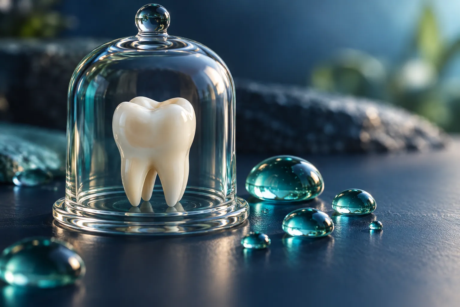 A molar model beside clear droplets on a navy surface.