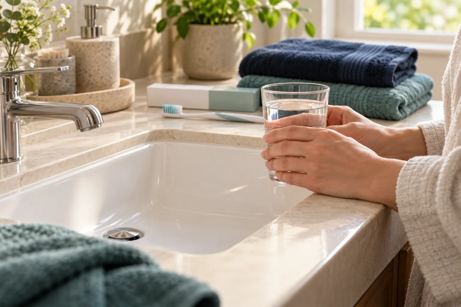 Hands holding a glass of water beside a clean bathroom sink.