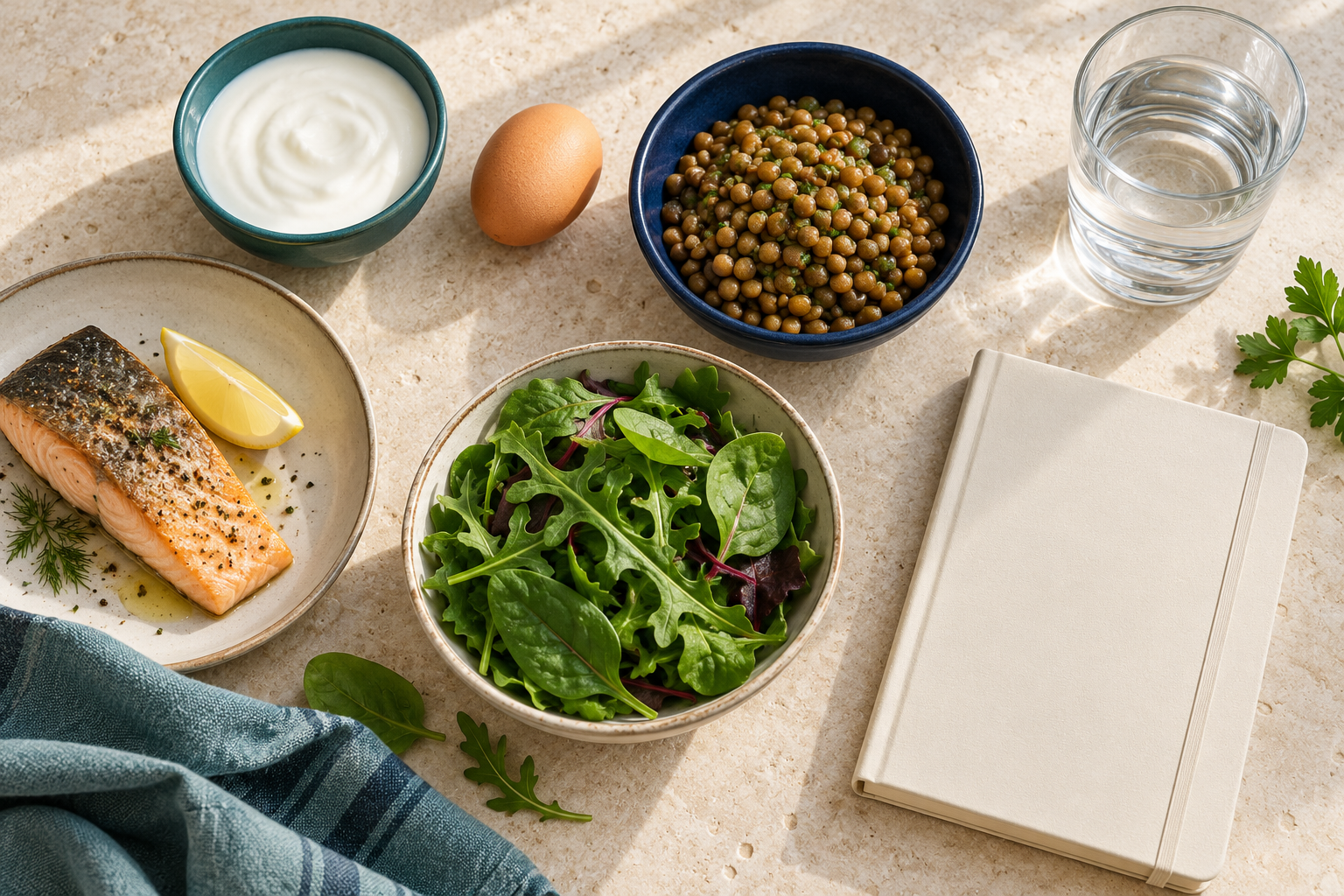 Selección de alimentos y una libreta sin texto en una mesa de cocina.