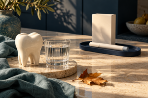 Composición conceptual con modelo dental, agua y dispositivo genérico sin marca.