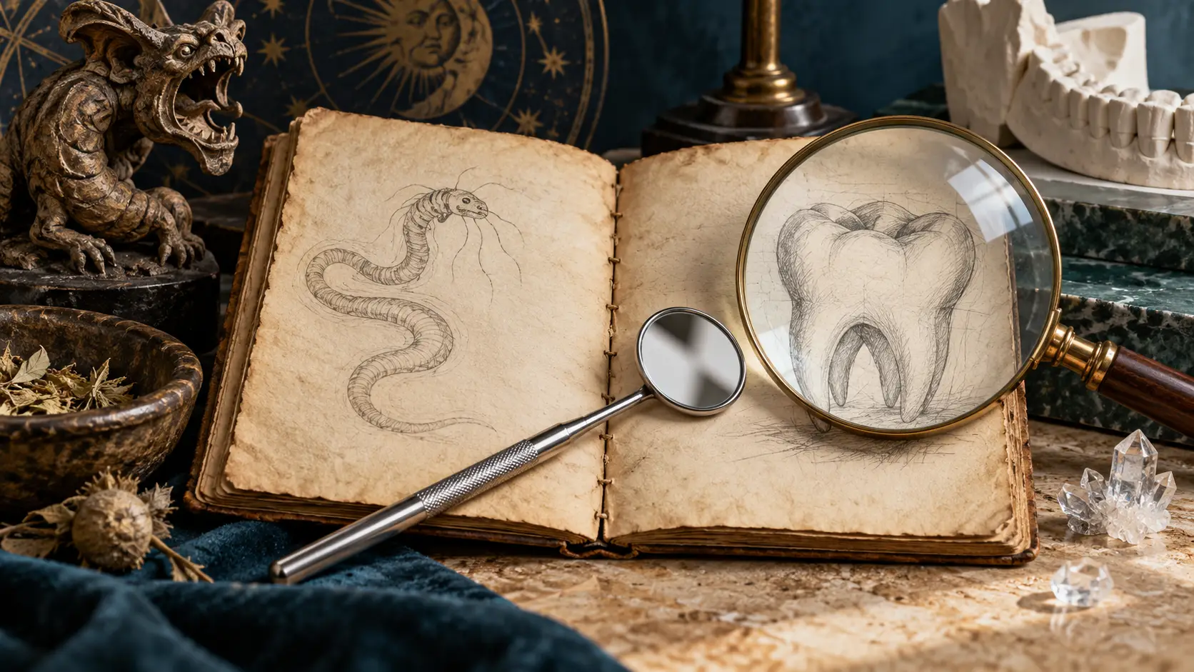 Libro imaginario con dibujos del mito dental y un espejo; ilustración conceptual.