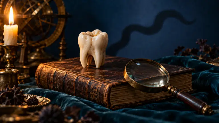 Modelo de molar sobre libro con sombra del imaginario gusano dental; ilustración conceptual generada con IA.