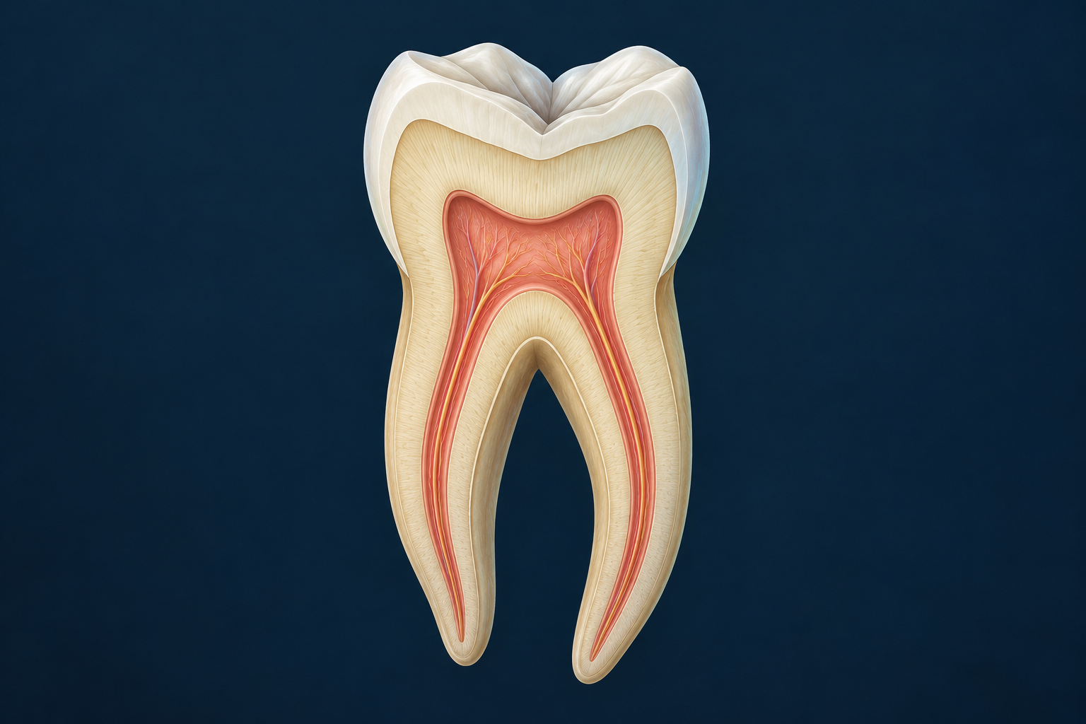 Editorial illustration of a molar showing its layers and pulp