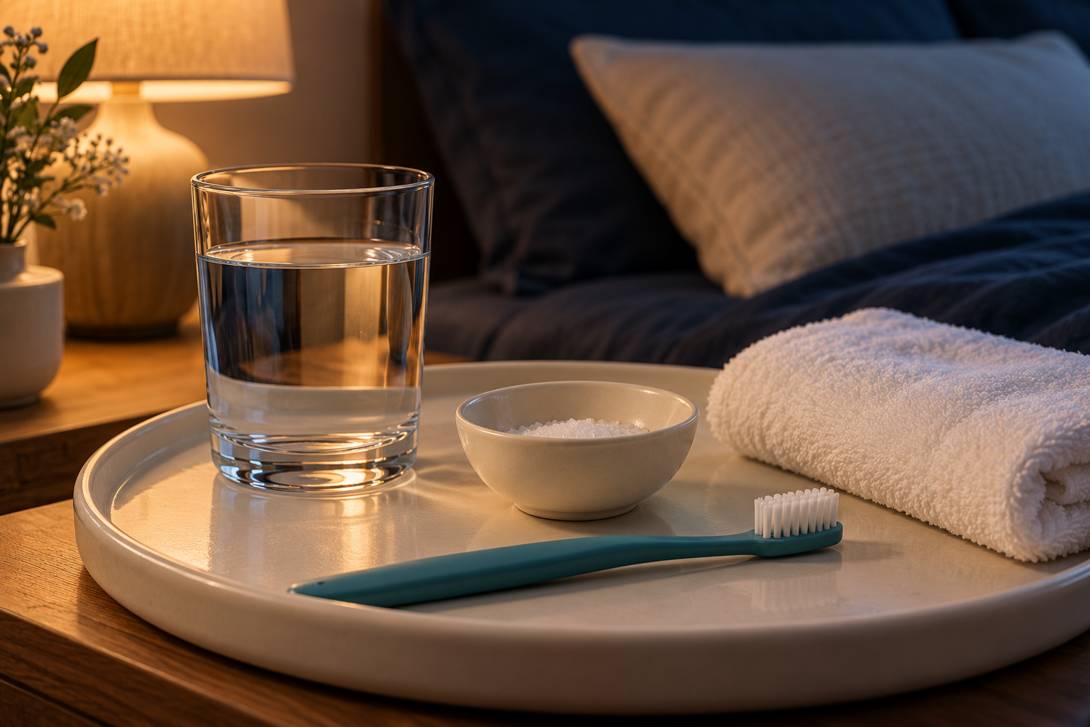 Water, soft toothbrush and pillow for temporary home care