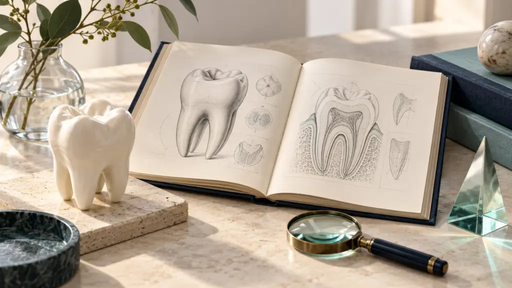 Composición editorial con modelo dental, libro y lupa para Odonto News; ilustración conceptual generada con IA.