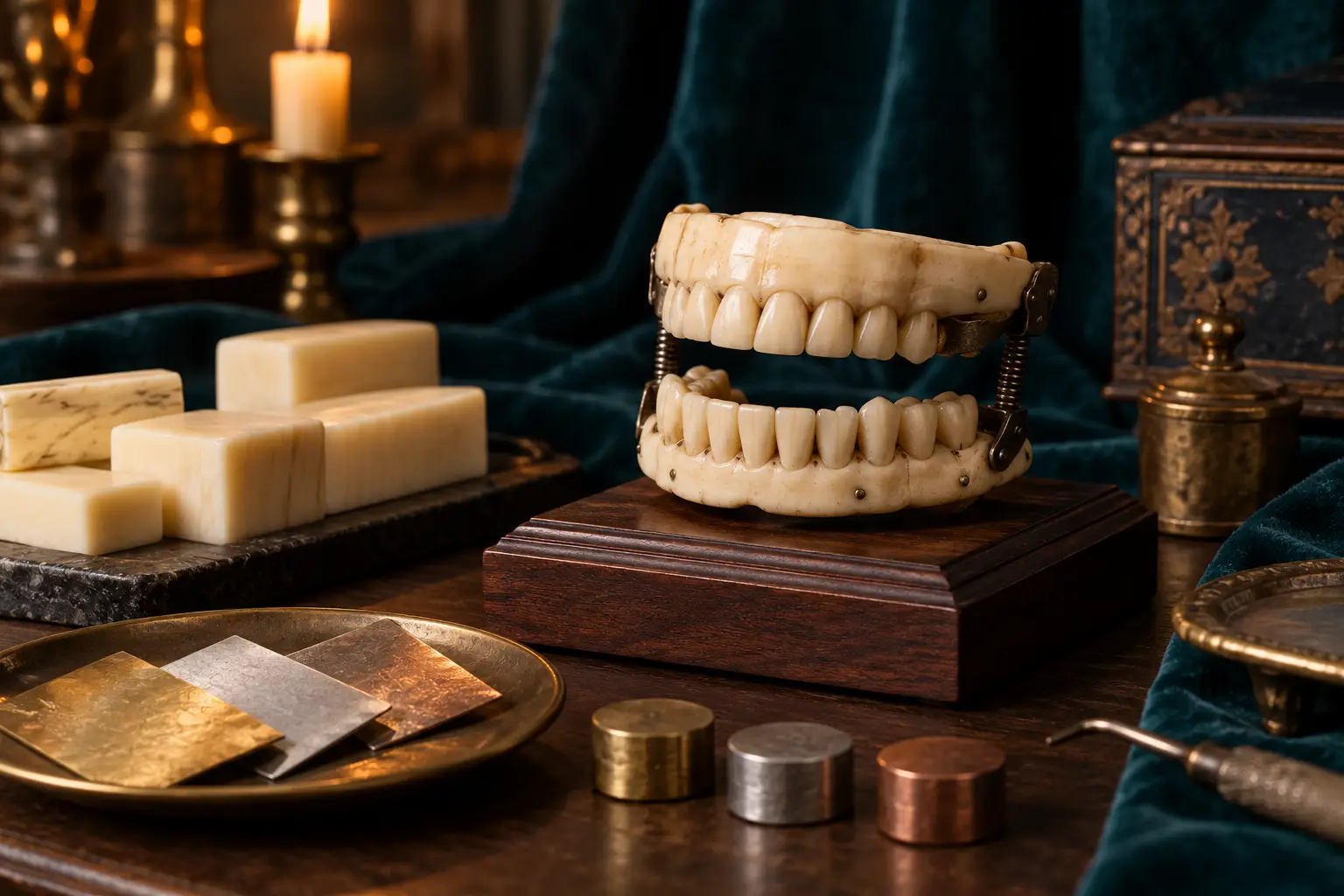 Prótesis histórica conceptual con base clara y detalles metálicos.